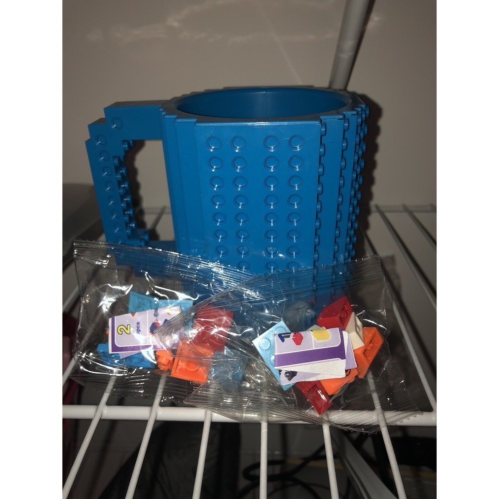 Build On Brick Coffee Mug W/ 3 Little Bags of Blocks BPA Free Holds 12 Oz No Box